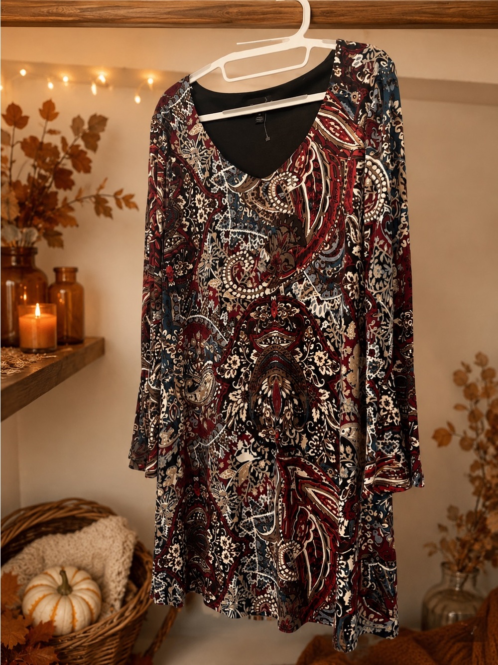 connected apparel Paisley V-Neck Midi Dress - Red, Blue, Cream, Black Women’s 10